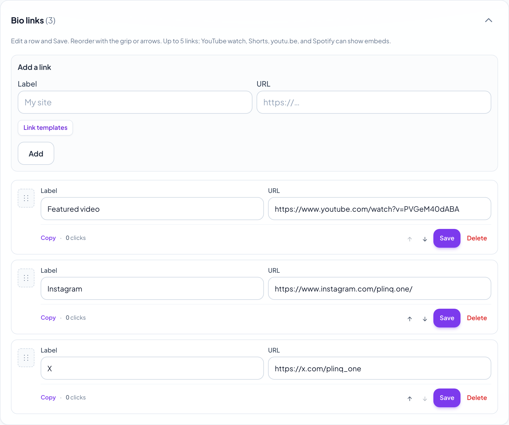 Dashboard screenshot: bio links list and add-link form