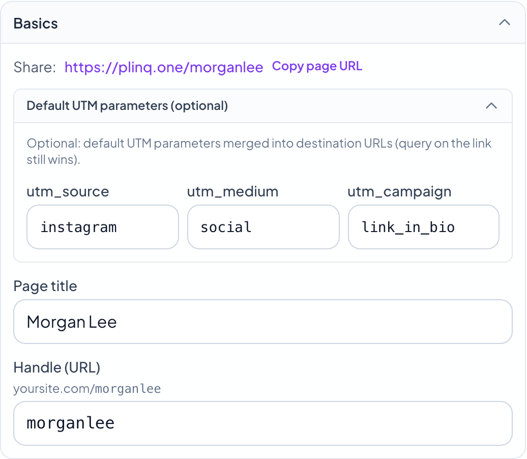 Dashboard screenshot: edit page basics (URL, UTMs, title and handle)